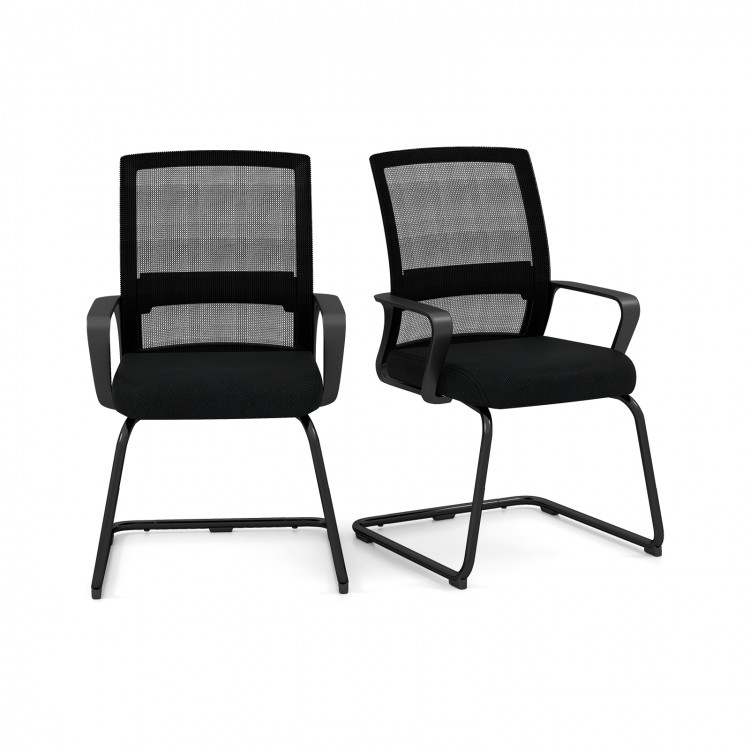 Two office guest chairs with breathable mesh backs and lumbar support, ideal for waiting rooms or home offices.