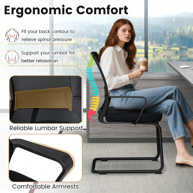 Office guest chair with breathable mesh back, built-in lumbar support, and comfortable armrests for waiting areas.