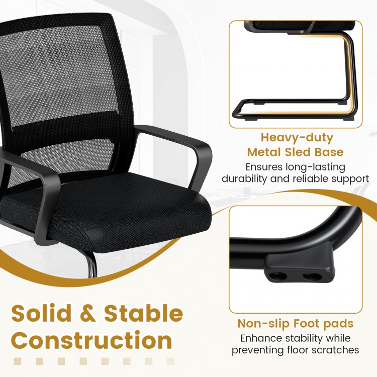 Office guest chair with breathable mesh back, lumbar support, and non-slip foot pads for stability in waiting areas.