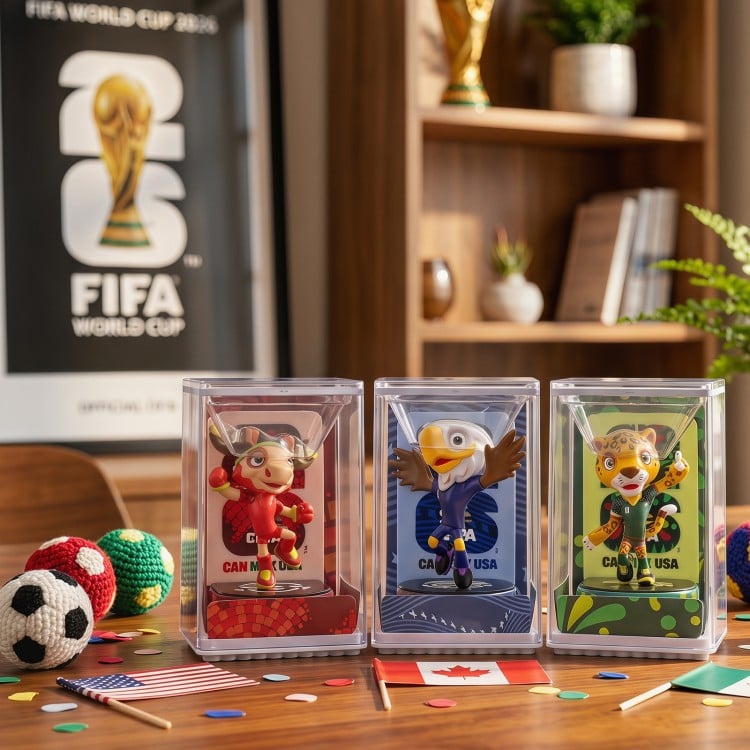 Official licensed 2026 FIFA World Cup mascot figurines 3-pack displayed in clear cases on a table with sports decor.