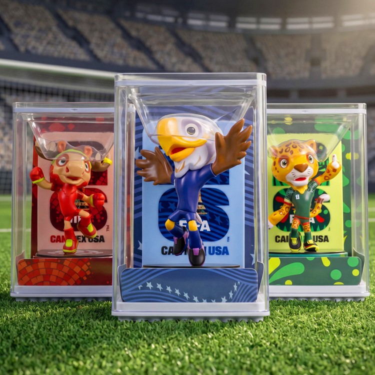 Official licensed 2026 FIFA World Cup mascot figurines 3-pack featuring colorful characters in display cases.