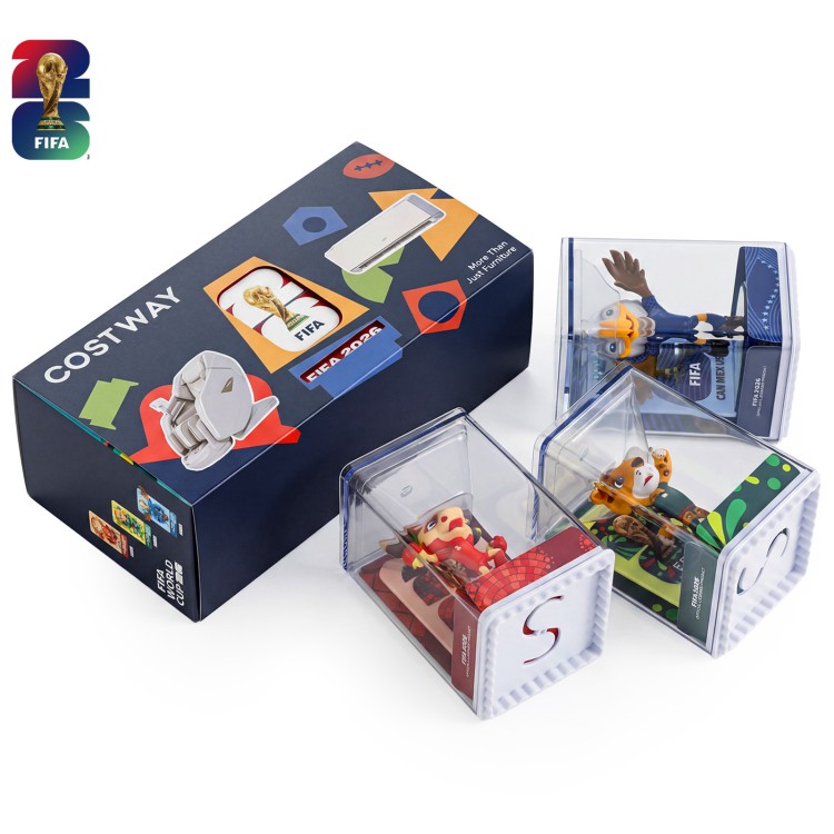 Official licensed 2026 FIFA World Cup mascot figurines 3-pack clutch in display boxes, perfect for collectors.