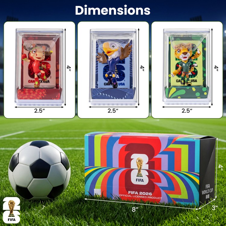 Official licensed 2026 FIFA World Cup mascot figurines 3-pack clutch displayed with dimensions on a soccer field.