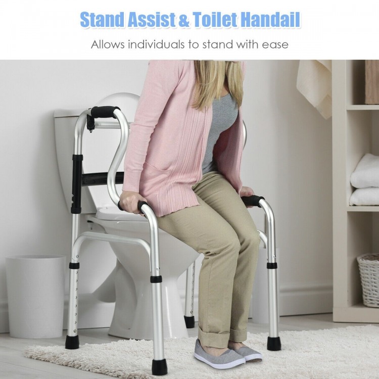 Stand assist and toilet handrail with adjustable height, aluminum frame, and non-slip pads for safety and stability.