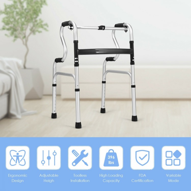 Folding aluminum walking frame walker with adjustable height, ergonomic design, and non-slip foot pads for safety.
