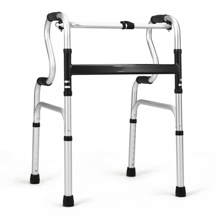 Aluminum walking frame walker with adjustable heights, non-slip foot pads, and one-button folding design for easy.
