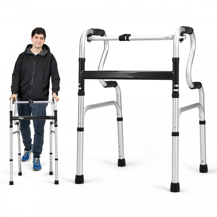 Folding aluminum walking frame walker with adjustable heights, non-slip foot pads, and ergonomic design for mobility.