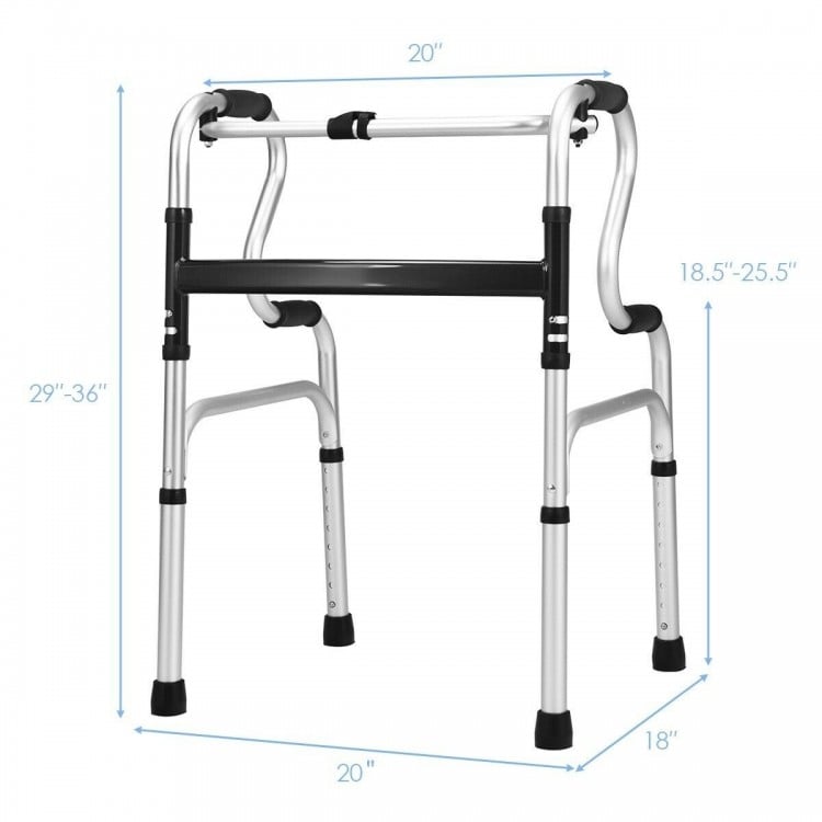 Folding aluminum walking frame walker with adjustable heights, non-slip foot pads, and ergonomic design for stability.
