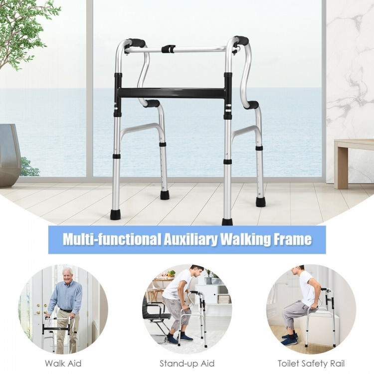 Multi-functional aluminum walking frame with adjustable heights, non-slip foot pads, ideal for elderly and limited.