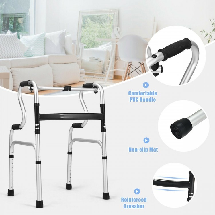 Aluminum walking frame walker with ergonomic PVC handle, non-slip foot pads, and one-button folding design for easy.