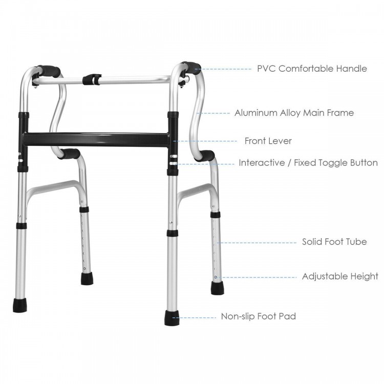 Aluminum walking frame walker with adjustable height, non-slip foot pads, and ergonomic design for safety and balance.