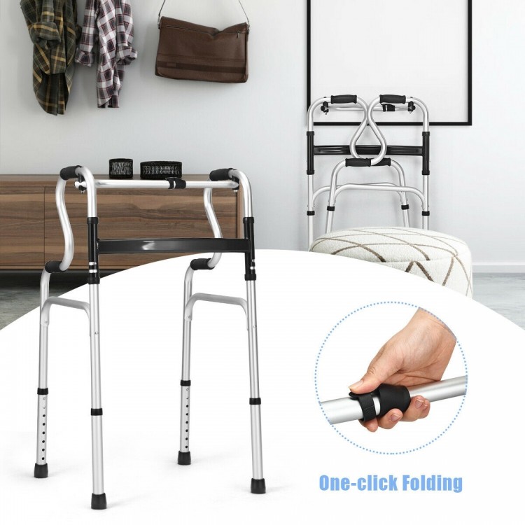 Aluminum walking frame walker with one-click folding design, adjustable height, and non-slip foot pads for safety.