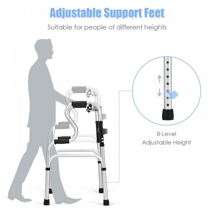 Adjustable aluminum walking frame with 8 height levels, designed for stability and safety for users of varying heights.