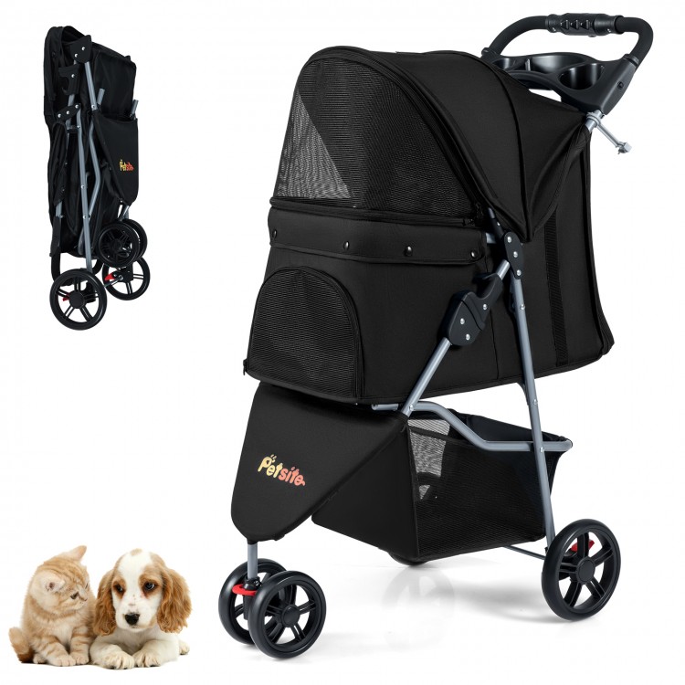 Lightweight black pet stroller with adjustable canopy, safety leash, and one-click folding for easy transport and.