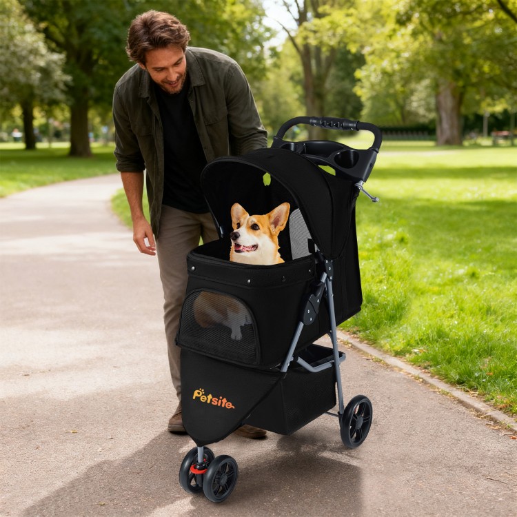 Lightweight black pet stroller with adjustable canopy, safety leash, and large rear entrance for comfortable pet.