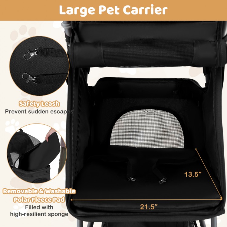 Large pet carrier stroller in black with adjustable canopy, safety leash, and removable fleece pad for comfortable pet.