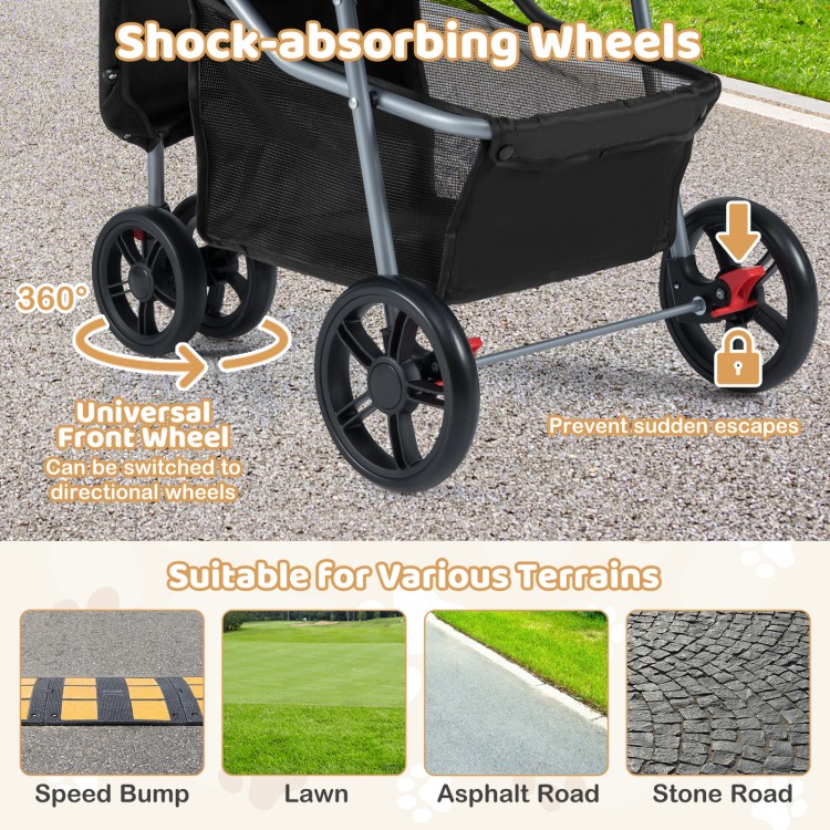 Front view of the One-Click Folding Pet Stroller with shock-absorbing wheels, suitable for various terrains like.