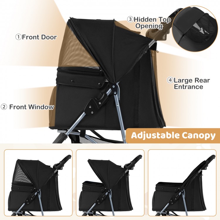 Adjustable canopy pet stroller in black with front door, large rear entrance, and one-click folding for easy transport.
