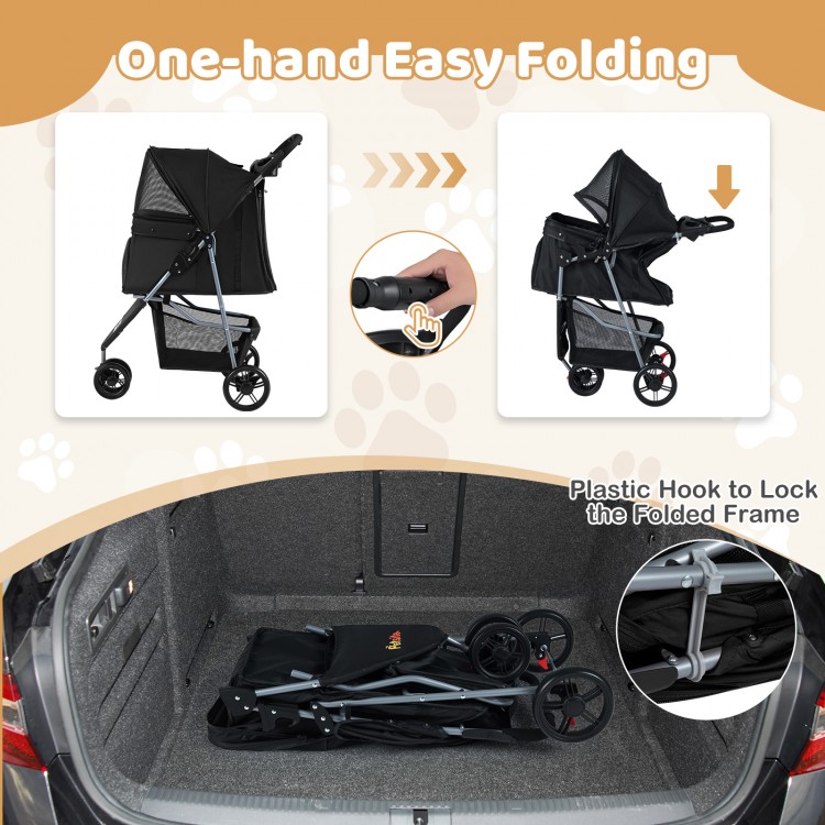 One-hand easy folding pet stroller in black, compactly stored in a car trunk, perfect for travel with pets.