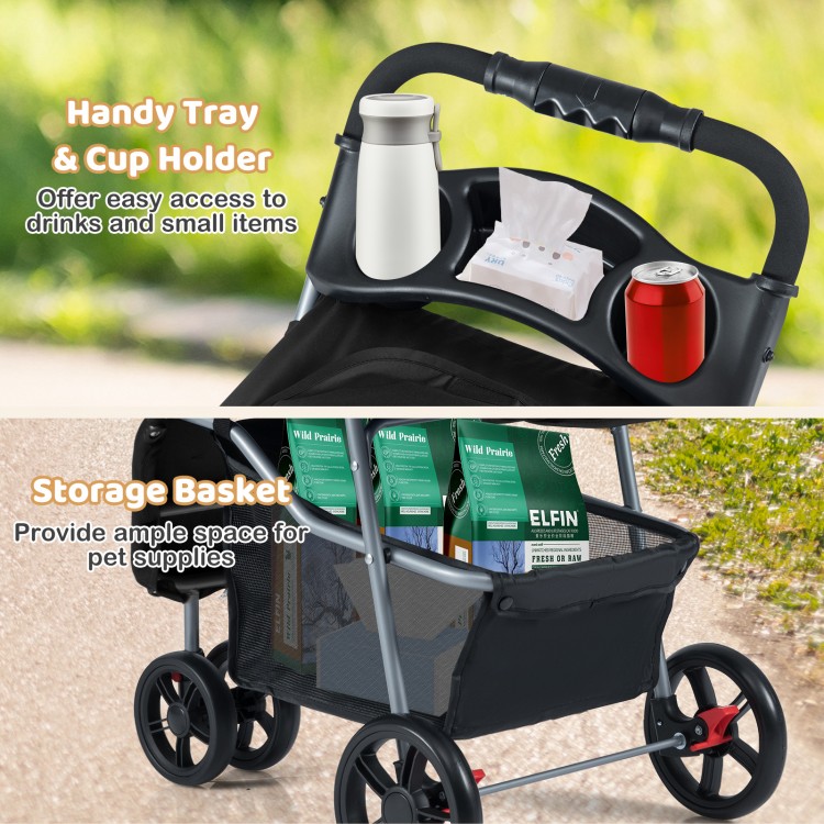 Handy tray and cup holder on the One-Click Folding Pet Stroller for easy access to drinks and small items.