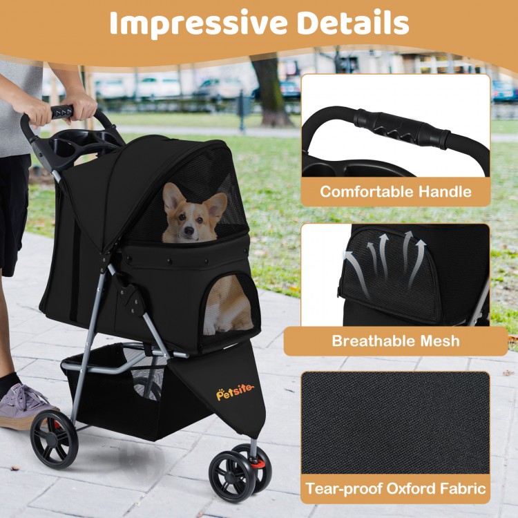 Lightweight black pet stroller with adjustable canopy, breathable mesh, and tear-proof fabric, perfect for outdoor use.