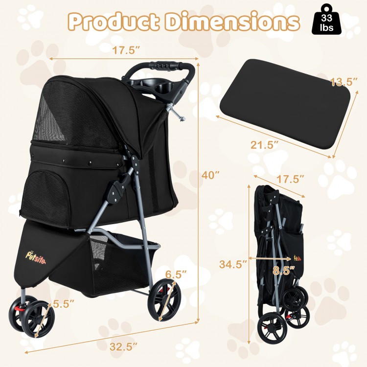 Lightweight black pet stroller with adjustable canopy, safety leash, and removable fleece pad, perfect for various.