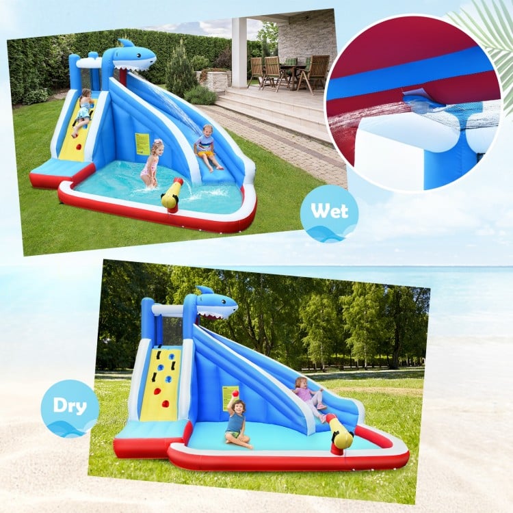 Inflatable 4-in-1 water slide park featuring a long slide, climbing wall, and splash pool for outdoor fun.