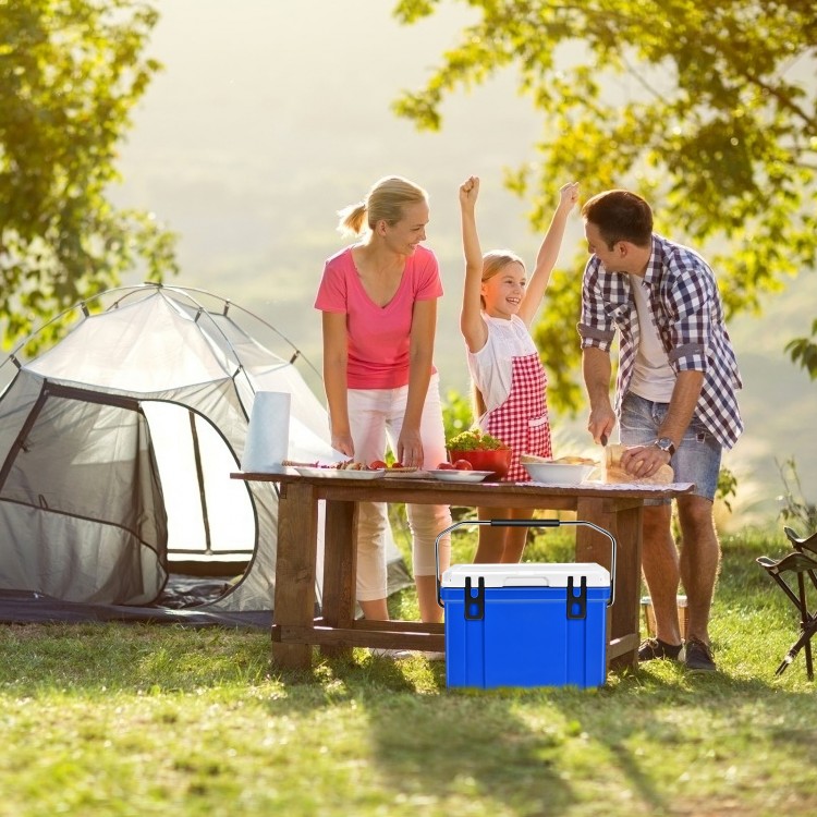 Portable blue 26-quart cooler with food-grade material, ideal for camping and outdoor BBQs, featuring dual latches and.