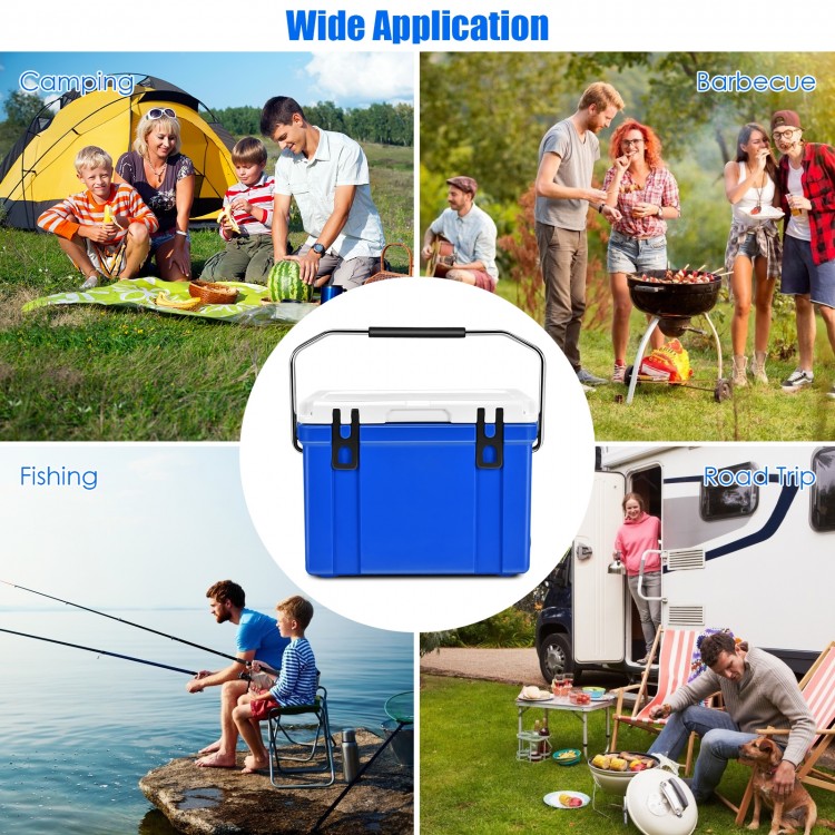 Portable 26-quart cooler in blue with food-grade material, ideal for camping, fishing, and BBQ gatherings.