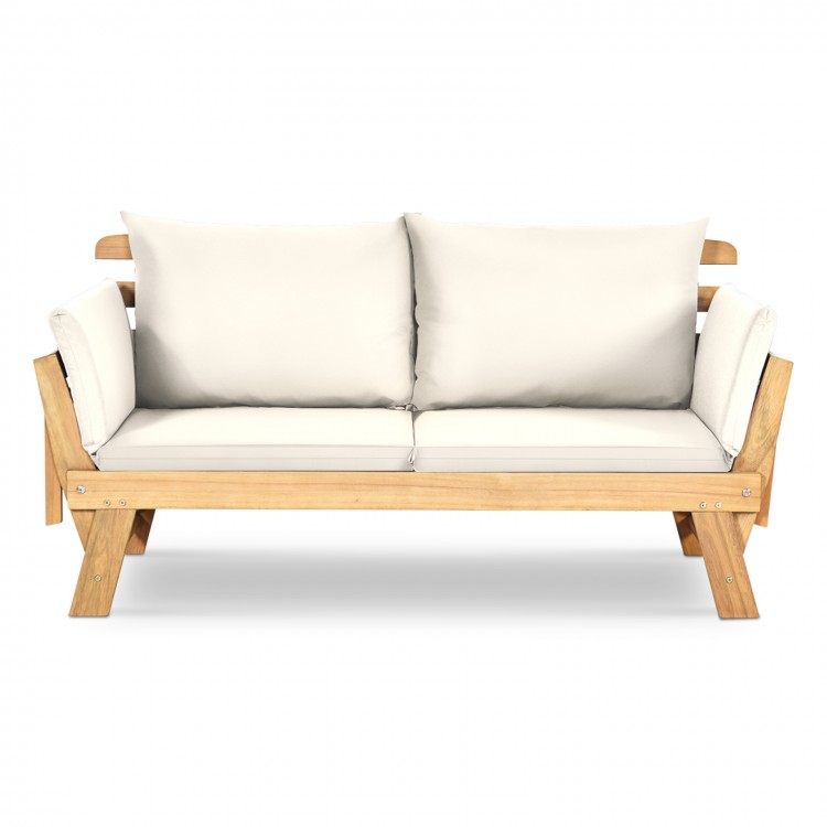 Adjustable patio convertible sofa in solid acacia wood with thick white cushions, ideal for outdoor and indoor.