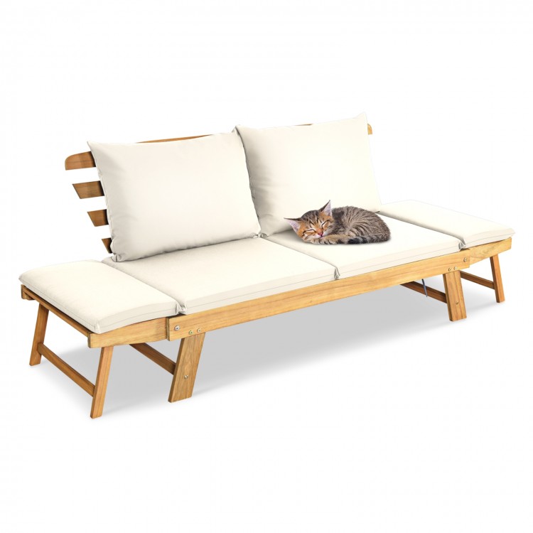 Adjustable patio convertible sofa in white with thick cushions, made of solid acacia wood, perfect for outdoor.