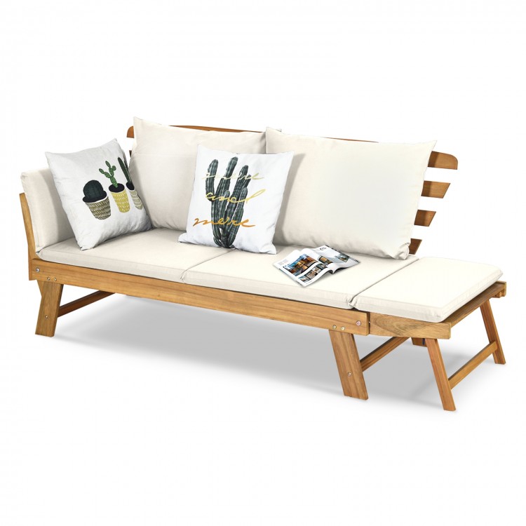 Adjustable patio convertible sofa in white with thick cushions, perfect for poolside or garden relaxation.