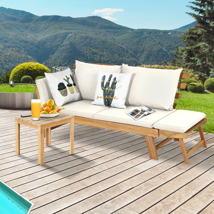 Adjustable patio convertible sofa in white with thick cushions, perfect for poolside relaxation and stylish outdoor.