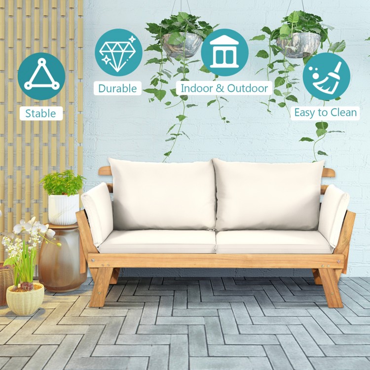 Adjustable patio convertible sofa with thick white cushion, solid acacia wood frame, perfect for indoor and outdoor use.