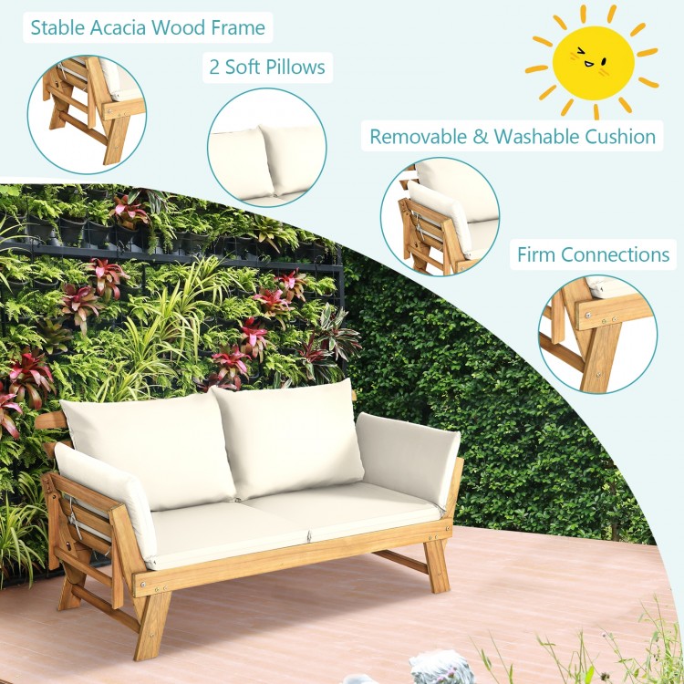 Adjustable patio convertible sofa with solid acacia wood frame and thick white cushion, perfect for outdoor relaxation.