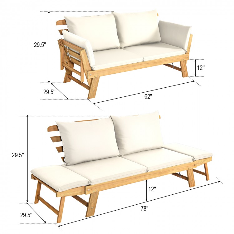 Adjustable patio convertible sofa in acacia wood with thick white cushions, perfect for outdoor relaxation and.