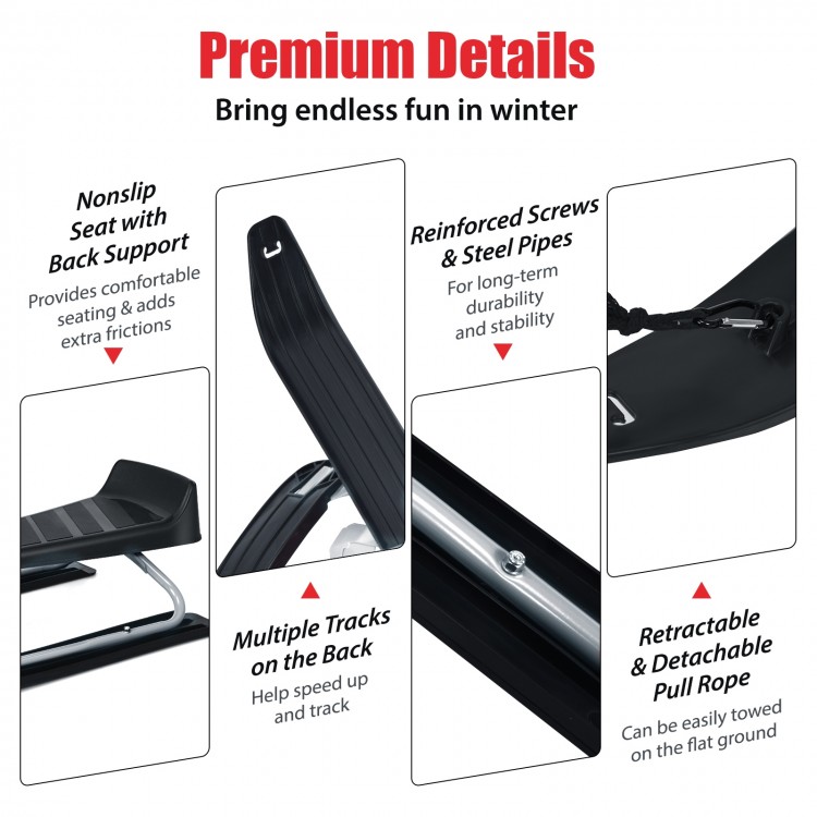 Kids snow sled with steering wheel and double brakes, featuring a durable iron frame and comfortable back support for.