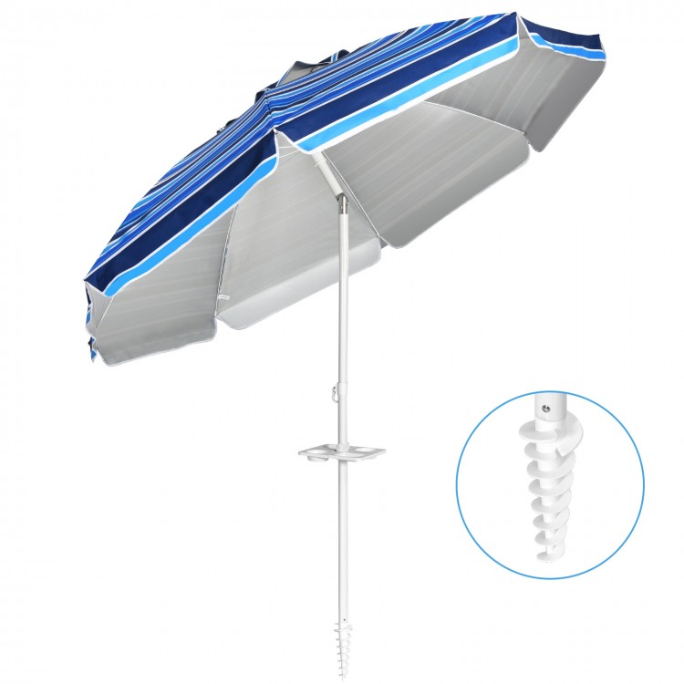 Portable 7.2 feet navy beach umbrella with tilt mechanism and sand anchor, ideal for poolside and garden use.
