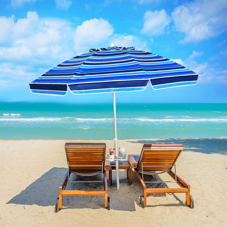 Navy 7.2 feet portable beach umbrella with tilt mechanism and sand anchor, ideal for poolside and garden use.