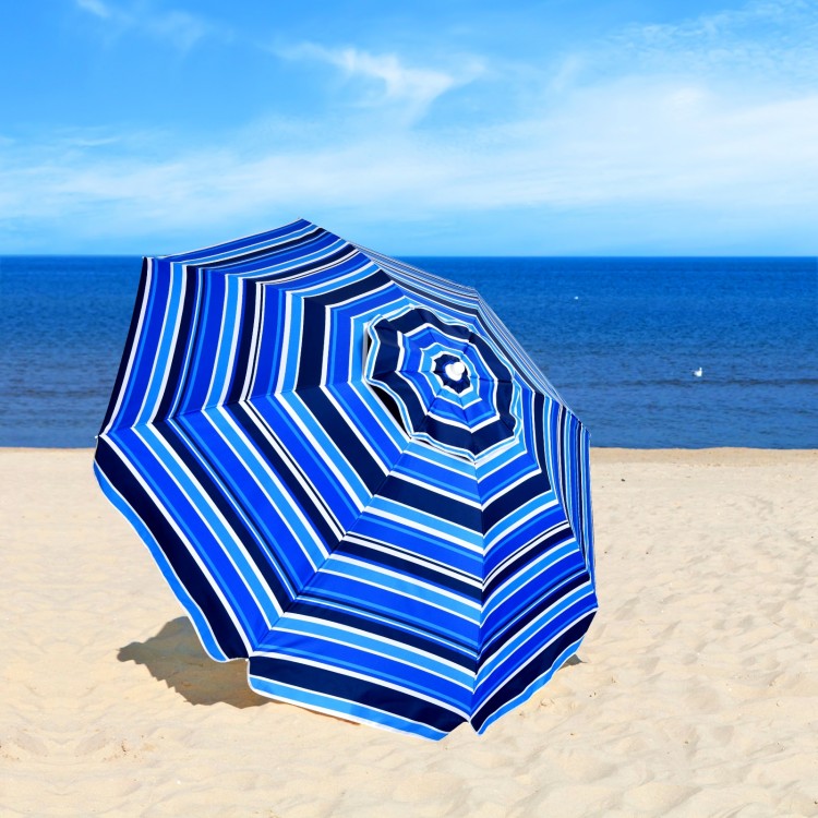 Navy blue striped 7.2 feet beach umbrella with tilt mechanism, sand anchor, ideal for poolside and garden use.