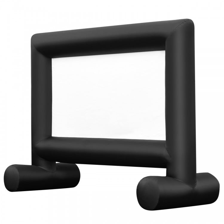 Inflatable outdoor movie projector screen, 14', with durable polyester, includes blower, ground nails, and carrying bag.