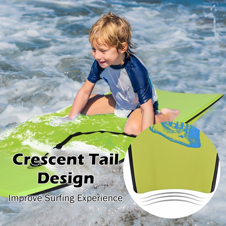 Lightweight bodyboard with crescent tail design, EPS core, and XPE deck for enhanced wave riding experience.