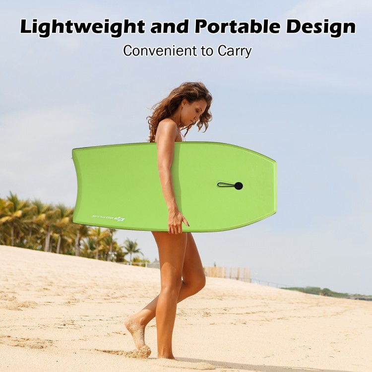 Lightweight green bodyboard with leash, designed for small and medium waves, perfect for beach and pool use.
