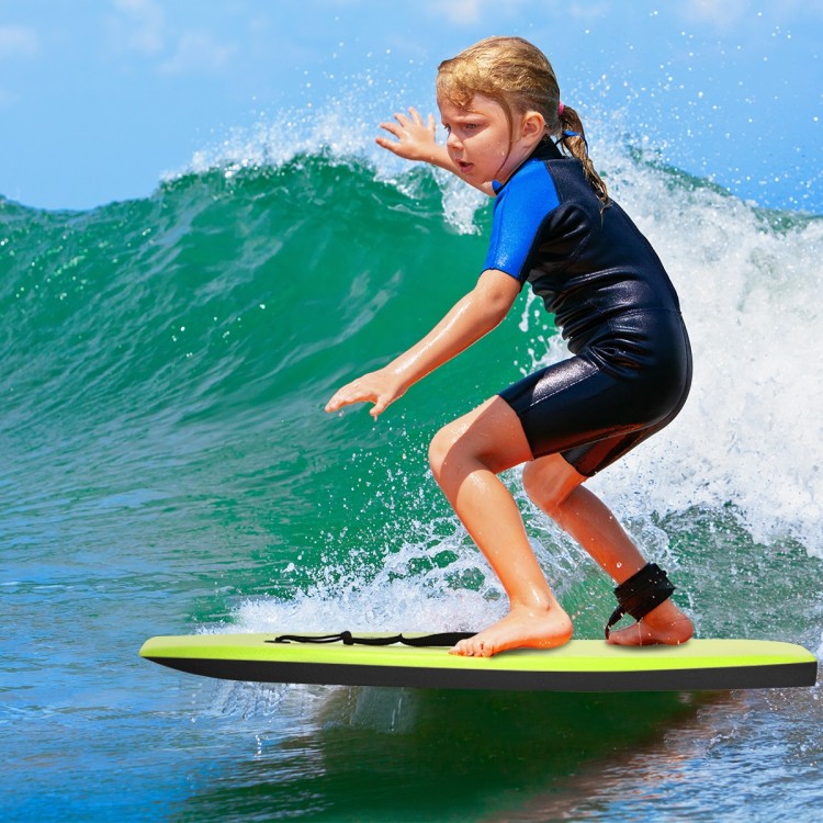 Child surfing on a lightweight bodyboard with leash, featuring EPS core and XPE deck for summer fun in the waves.