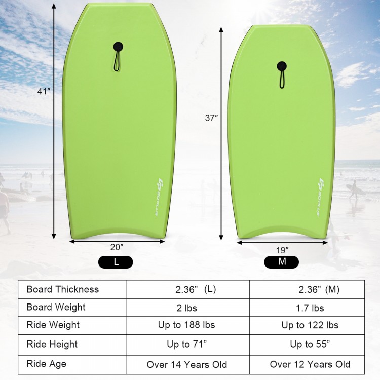 Lightweight Super Surfing bodyboard in green, featuring EPS core, XPE deck, and crescent tail design for wave riding.