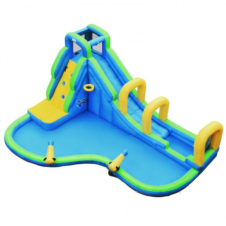 Inflatable water slide with climbing wall, splash pool, and water cannons, designed for kids' outdoor fun.