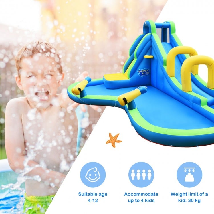 Inflatable water slide for kids aged 4-12, featuring a climbing wall, splash pool, and water cannons for outdoor fun.