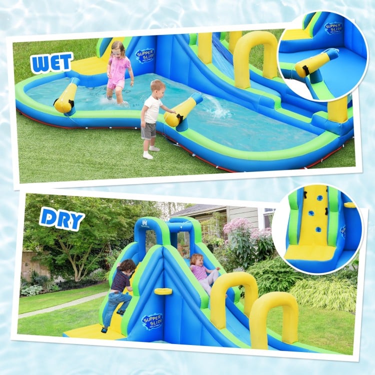 Inflatable water slide with climbing wall and water cannons, made of durable Oxford cloth, for kids' outdoor fun.