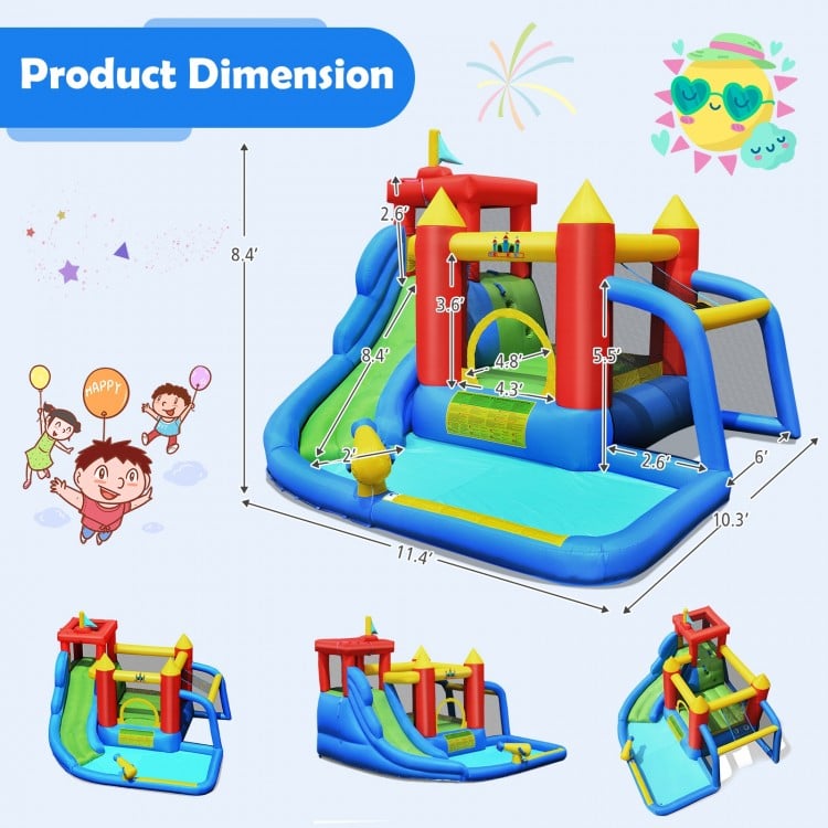 Product dimensions of the inflatable bounce house splash pool, showcasing various play areas for kids aged 3 to 10.