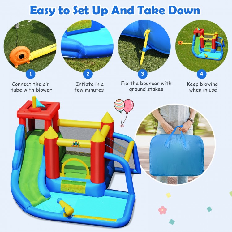 Inflatable bounce house splash pool with water slide, featuring multiple play areas and safety fence for kids aged 3-10.
